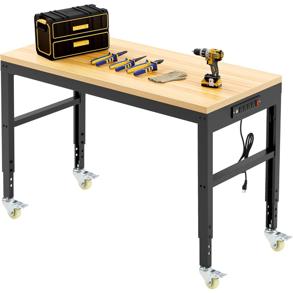 Woodworking Garage - 調整可能な作業台、頑丈な木製作業台、耐荷重2000ポンド、電源コンセントと車輪付き作業台（ガレージ用）