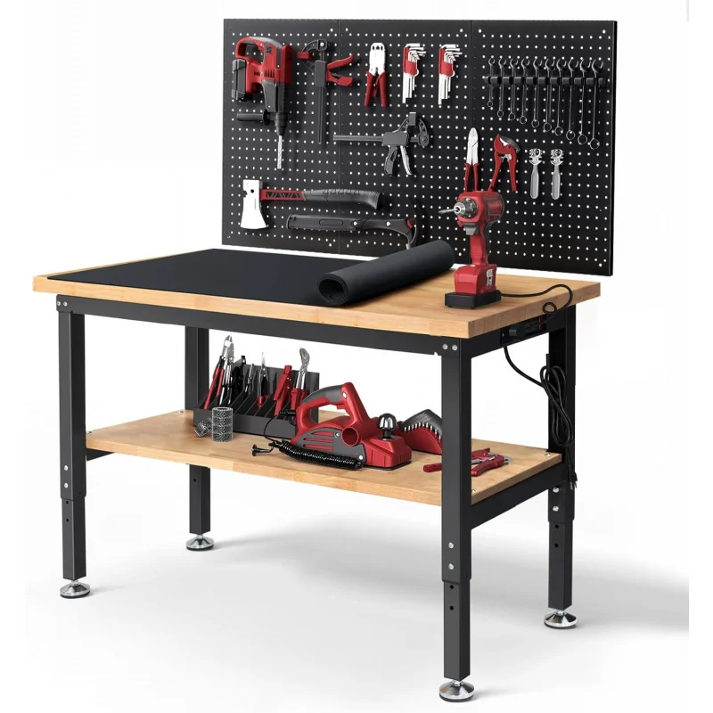 Woodworking Garage - ガレージ用作業台 高さ調節可能 ラバーウッド天板 作業台 収納付き ワークベンチ