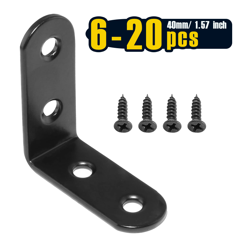 Woodworking Joint Types - 6-20個の黒いコーナーブレースLブラケット、40mmステンレス鋼直角ブラケット、木材用金属ジョイント直角ブラケット