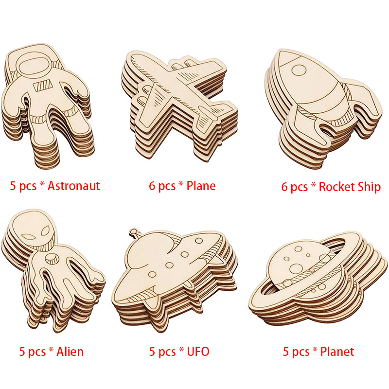 Woodworking Art - 未完成のカットアウト木製ペイント、装飾工芸品、子供用装飾品、DIY工芸品、家の装飾、宇宙空間、32個