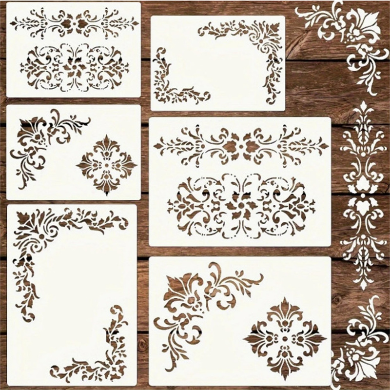 Woodworking Veneer - 6 個の花柄コーナーステンシル絵画テンプレート用ヴィンテージダマスクボーダーステンシル DIY テンプレート木製家具壁アート工芸品用