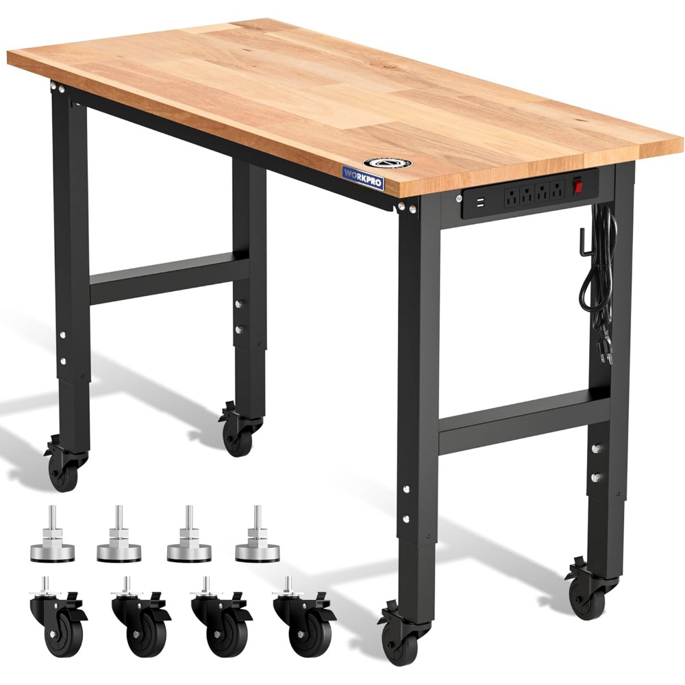 Woodworking Garage - ガレージ作業台、48X22インチの調節可能な作業台（ホイールと水平調整脚付き）、ゴム材天板の作業デスク（電源コンセント付き）